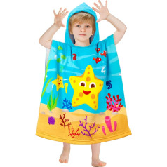 BTNEEU Bath Poncho Children's Bath Towels with Hood Poncho Towels Microfibre Beach Towels Shower Towels Bathrobe Cartoon Swimming Surf Poncho for Boys Girls 2-6 Years (60 x 120 cm, Starfish)