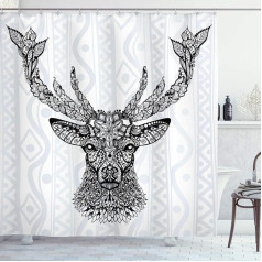 ABAKUHAUS Black and White Shower Curtain, Bohem Deer, Fabric Fabric Bathroom Decoration Set with Hooks, 175 x 200 cm, White Black