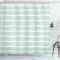 ABAKUHAUS Mint Shower Curtain, Wave Lines, White Stripes, with 12 Rings Set, Waterproof, Stemy, Modern, Colourfast and Mildew Resistant, 175 x 220 cm, Almond Green White