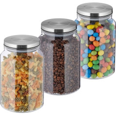 Relaxdays Storage Jars with Lids, Set of 3, 1500 ml, Round Storage Jars, Airtight Glass Containers, Transparent/Silver