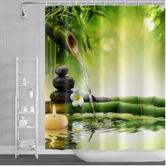 SDOTPMT 152 x 183 cm Spa Bamboo Shower Curtain Green Leaves Aromatic Candles Water Therapy Flowers Bath Curtain Zen Meditation Basalt Stones Bath Curtain for Children Bathroom Polyester with Hooks