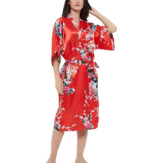 Women's Satin Rose Print Kimono Robe Premium Peacock Bridesmaid Bridal Dressing Gown Sleepwear Sleepwear, Peacock Blossom Red