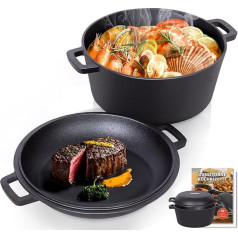 Todeco 26 cm Cast Iron Roasting Dish with Lid, Oven-Safe, 5 L 2-in-1 Cast Iron Pot with Recipe Book, Bre