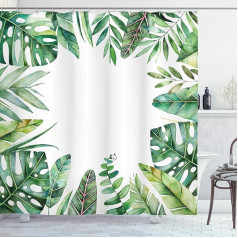 ABAKUHAUS Plant Shower Curtain, Jungle Themed Picture, Water Opaque Including 12 Rings, Long-Lasting Bacteria and Mould Resistant, 175 x 200 cm, Fern Green White