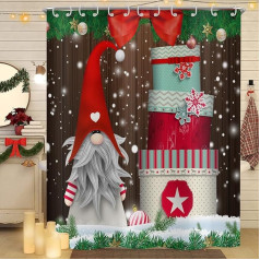 Hnmdmyi Christmas Shower Curtain, 180 x 200 cm, Cute Gnome Colourful Gift Boxes, Xmas Rustic Farm Winter Holiday Bath Curtain, Waterproof, Polyester Fabric, Washable Bath Curtain with Hooks