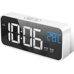 Homvilla Digital Alarm Clock with Large LED Temperature Display for Bedroom or Bedside Table / Mirror Alarm with Dual Alarm Snooze Time / 4 Adjustable Levels of Brightness or Dimming / 13 Music Stations / USB Charging Port