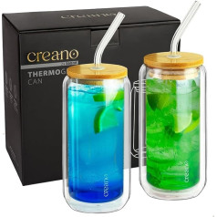 Creano Double-walled drinking glasses with bamboo lid and straw, 360 ml, smoothie cup, bubble tea, cocktail glass, set of 2