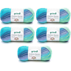 Gründl Wolle Cotton Quick Batik Knitting Yarn/Crochet Yarn (Gradient Yarn Made of 100% Cotton, Oeko-Tex Certified, 100 g/260 m, Needle Size: 3-4, 5 x 100 g), Light Blue/Purple/Apple Green