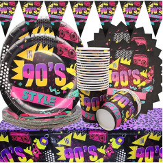 90s Party Tableware, Shamoparty 62 Pieces 90s Party Decoration, Includes 90s Party Banner, Plates, Paper Cups, Napkins, Tablecloth, for Children's Birthday 90s Party Supplies
