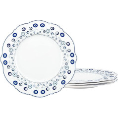fanquare 4-Piece Dinner Plate Service Made of Real Porcelain Diameter 205 mm Turkish Blue Eye Necklace Evil Eye Pattern Pasta Plate for Catering and Household