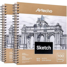 Artecho Sketch Book A4, 2 x 100 Sheets, 90 g, White, 22.9 x 30.5 cm Drawing Pad, Sketch Paper for Drawing with Pencil, Charcoal Pencil and Marker