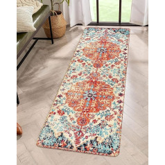 KIMODE Rug Runner Hallway 60 x 180 cm, Boho Flowers Medallion Oriental Distressed Non-Slip Washable Artificial Wool Short Pile Kitchen Runner for Entrance Area Kitchen Bedside Table Laundry