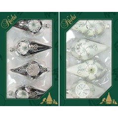 Krebs Glas Lauscha Glass Christmas Decoration / Christmas Tree Decorations - Set of 2 x 4 Christmas Tree Pendants - Colour: Silver/Porcelain Glitter Decoration Reflex - Size: Approx. 10 cm