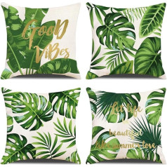 ZHAOMIMI Set of 4 Decorative Cushion Covers, Cotton Linen Cushion Cover, Decorative Cushion, Sofa Cushion for Couch, Car, Bedroom, 45 x 45 cm (Summer Green Leaves)