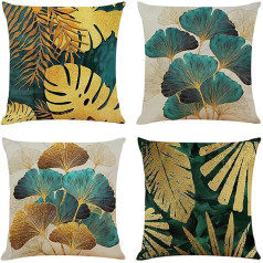 Sweetwill Set of 4 Cushion Covers, 40 x 40 cm, Linen Decorative Cushion Cover, Gold, Petrol, Ginkgo, Jungle, Decorative Cushion, Country House Style, Natural Cushion Cover, Couch Cushion, Modern