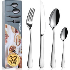 BEWOS Cutlery Set, 32-Piece Stainless Steel Cutlery Set, Crockery Cutlery Set with Spoon, Knife and Fork Set, Service for 4, Dishwasher Safe/Easy to Clean, Mirror Polished