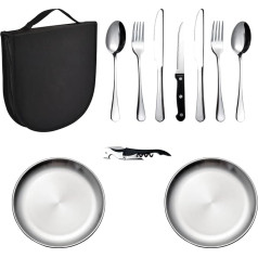 IMEEA Camping Cutlery Set Barbecue Cutlery Travel Cutlery with Spoon, Knife, Forks, Wine Opener and Plate for 1-2 People - Perfect for Outdoor Hiking Camping Barbecue Party