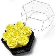 Kylin Glory Preserved Roses with Hexagonal Acrylic Cover - 7 Pieces Forever Flowers, Visible Freshness, Perfect for Mothers & Valentine's Day Gifts (Yellow)