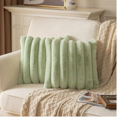 Yaertun Set of 2 Striped Cushion Covers, 65 x 65 cm, Sage Green, Decorative Cushion Covers, Sofa Cushion, Throw Cushion Cover, Plush Faux Fur Cushion Cover for Bedroom, Living Room