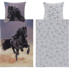 Aminata BALANCE Children's Bed Linen 135 x 200 cm Horse Horses Cotton Children Girls - Horse Motif - Horse Bedding Set with YKK Zip - Black