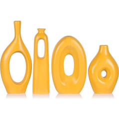 Yellow Vases Home Decor - Pack of 4 Round Hollow Boho Yellow Ceramic Vase for Pampas Grass Decor, Modern Small Flower Vases for Living Room, Dining Table, Office, Wedding, Fireplace Decor