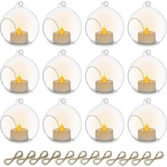 Sziqiqi 8 cm Hanging Glass Tea Light Holder 12 Pieces Candle Holder Glass Pendant with LED Candle, Hanging Glass Ball Candle Holder Candle Holder for Wedding Party Table Christmas Garden Decoration