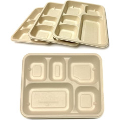 DISPOSABLE GREEN 25 Pack Rectangular Disposable Plates with Bagasse Compartment, 5 Compartments, Divided Plates for Hot, Cold, Wet and Oily Foods, Portion Control Plate, 28cm x 22cm