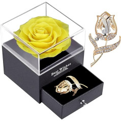 SWEETIME Real Preserved Rose Gift Box for Girlfriend and Wife, Never Withered Rose with Brooch, Handmade Eternal Yellow Rose for Her on Valentine's Day, Mother's Day