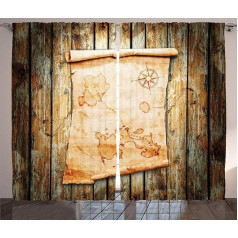ABAKUHAUS Pirate Rustic Curtain, Map on Grunge Wood, Living Room Universal Tape Curtains with Loops and Hooks, 280 x 175 cm, Cream