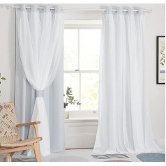 PONY DANCE Double Layer Blackout Curtains with Crumpled Voile, 2 Pieces, H 213 x W 132 cm, Living Room Decoration, Opaque Curtains with Eyelets, Grey/White
