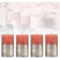 Candelo Set of 4 Rustic Pillar Candles – Pink Metallic Silver – Rustic Advent Candle 12 cm – Burning Time Approx. 54 Hours Christmas Candles Advent Wreath