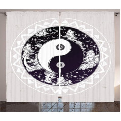 ABAKUHAUS Zen Rustic Curtain, Ying Yang Boho Art, Bedroom Ruffle Tape Curtain with Tabs and Hooks, 280 x 245 cm, Black Beige