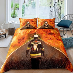 Loussiesd Fireman Bed Set Fireman Printed Bedding Set 135 x 200 cm for Children Boys Girls Adults Burning Fire Duvet Cover Set Fire Fighting Hero Room Decor