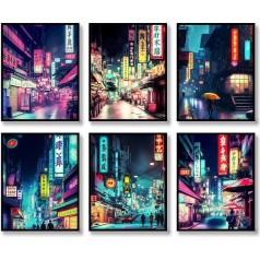 QQQDADA Japanese Wall Art Prints, Set of 6 Japanese Neon Posters Abstract Illustration Wall Decor Tokyo Night Streets Picture Canvas Art Paintings for Living Room Bedroom