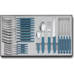 Victorinox Swiss Modern Cutlery, 24 Pieces with Plastic Handles, Extra Sharp Blades with Serrated Edge, Stainless Steel Blades, Blue