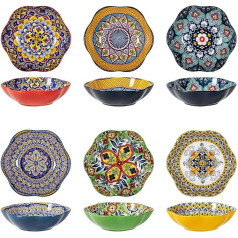 HENXFEN LEAD Porcelain Salad Bowl, 590 ml, Dessert Bowl, Cereal Bowl, Multifunctional Pasta Bowl in Flower Shape for Ice Cream, Rice, Dessert, etc., Colourful, Pack of 6 - Bohemian Style