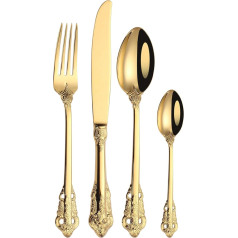 Mafier Gold 24 Piece Beautiful Baroque Cutlery Set, Heavy Duty 18/10 Stainless Steel Cutlery Set for 6 Tableware, Mirror Polished Cutlery Set and Dishwasher Safe