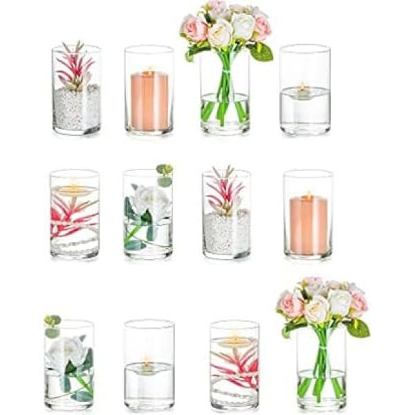 Glasseam Cylinder Small Vase, Pack of 12 Glass Vases Set, 15 cm Flower Vase, Modern Round Glass Vase, Tulip Vase for Wedding Table Decoration, Decorative Vases, Candle Holder for Pillar Candles,