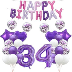 34th Birthday Balloon, 34th Birthday Balloon, Purple 34 Balloons Party Supplies Number 34 Mylar Balloons Latex Balloons Gifts for Girls Boys Women Men