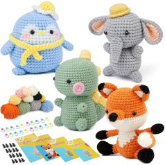 Cute Animal Crochet Kit with 4 Patterns, Crochet Kit, Crochet Hook, Yarn Balls, Needles, Instructions, Accessories Kit for Beginners and Professionals, Penguin, Dinosaur, Fox, Elephant