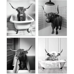 ENROR Bathroom Picture Set, 4-Piece Black White Canvas Art Prints Cow Picture, Modern Funny Toilet Poster, Without Frame (30 x 40 cm x 4)