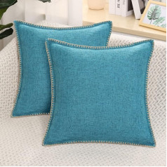 decorUhome Decorative Teal Cushion Covers 20 x 20 Inch Linen Trimmed Edge Cushion Cover for Sofa Couch 50 x 50 cm Set of 2