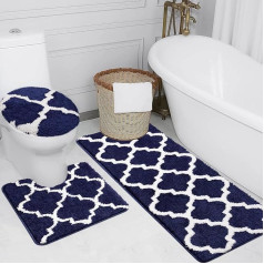McEu Rug Set 3-Piece Non-Slip Washable Large Bath Mat Set, Fluffy Soft Absorbent Bath Mat Bath Mat Set with Toilet Lid Cover, 50 x 120 cm + 50 x 50 cm + 38 x 42 cm (Blue)
