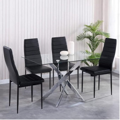 Goldfan Dining Table Set with Glass Dining Table and 4 Black Dining Room Chairs and Square Table for Living Room Kitchen Office 110 x 70 cm