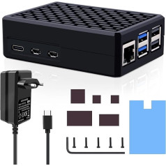 Geeekpi Raspberry Pi 5 Aluminium Case with USB-C Power Supply 27 W, Raspberry Pi 5 Armor Case with Passive Cooling, 27 W 5 V 5 A USB-C Power Supply for Raspberry Pi 5 4GB/8GB
