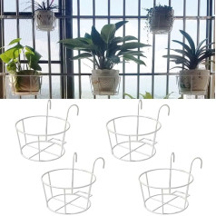 4 Pack Round Hanging Planters with Railing, Flower Pot Holder, Metal Pot Plant Basket, Shelf Containers for Indoor and Outdoor Use (White)