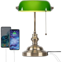 FIRVRE Green Glass Banker Table Lamps, Desk Lamp, LED, Classic Retro Table Lamp with Wireless Charger, USB Bedside Lamp with Charging Function, Antique Metal Brass