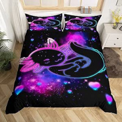 Children's Cute Axolotl Bed Linen Set 135 x 200 cm Girls Sparkle Cartoon Salamander Duvet Cover Set Boys Purple Blue Galaxy Axolotl Bed Set Room Decoration Toddler Kawaii Reptile Animal 2 Pieces