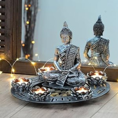 INtrenDU Buddha Dekoteller Silber mit Teelichthaltern und Deko-Steinen