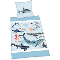 Herding Inhabitants of the Seas Bed Linen Set, Pillowcase 70 x 90 cm, Duvet Cover 140 x 200 cm, with Smooth Zip, 100% Cotton/Renforcé, Blue